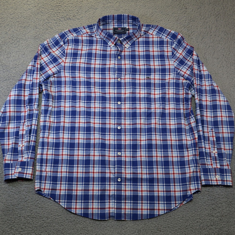 Vineyard Vines Performance Mens XL Classic Fit Tucker Shirt Blue Red Plaid‎ XL